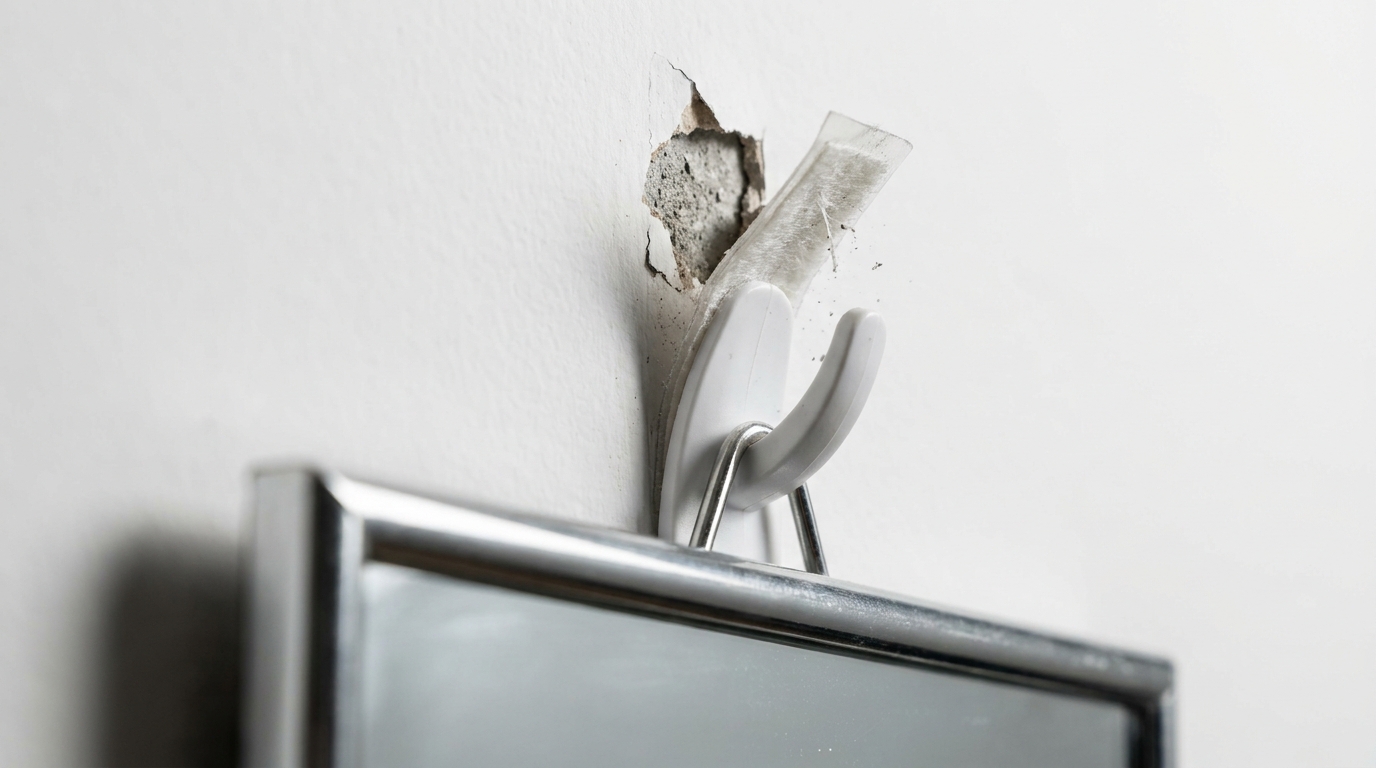 A macro photograph of an overloaded adhesive hook failing on a painted wall, showing the weight of a heavy mirror tearing the surface paint to highlight the risks of ignoring adhesive weight limits.