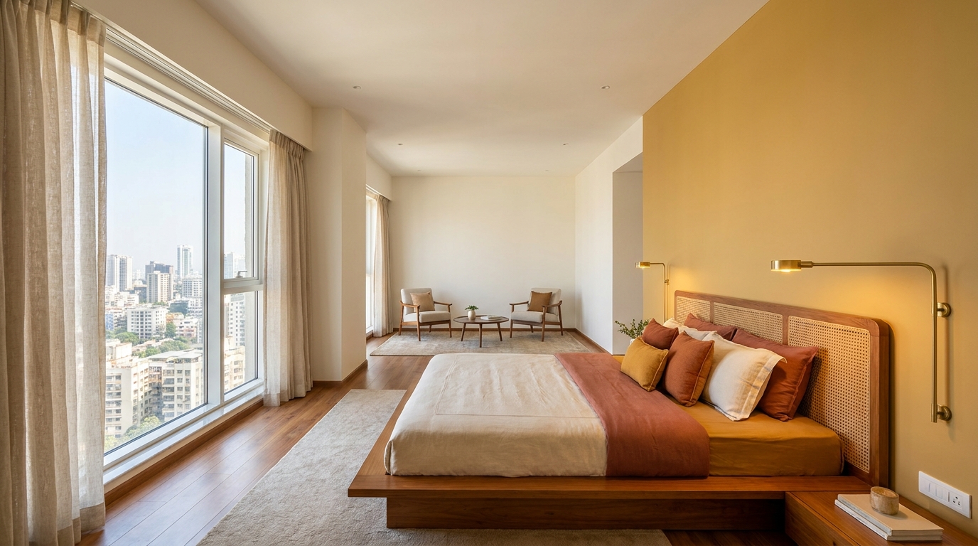 Larger Indian master suite bedroom with ochre yellow accent wall.