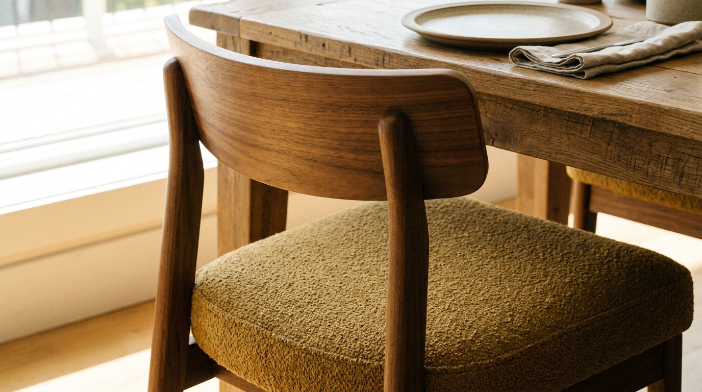 Upholstered dining chair with a contoured backrest and mustard fabric seat cushion at a wooden dining table.