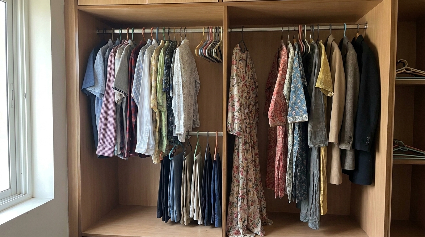 Wardrobe hanging section fitted with a double-hung rod system, shirts above and trousers below.