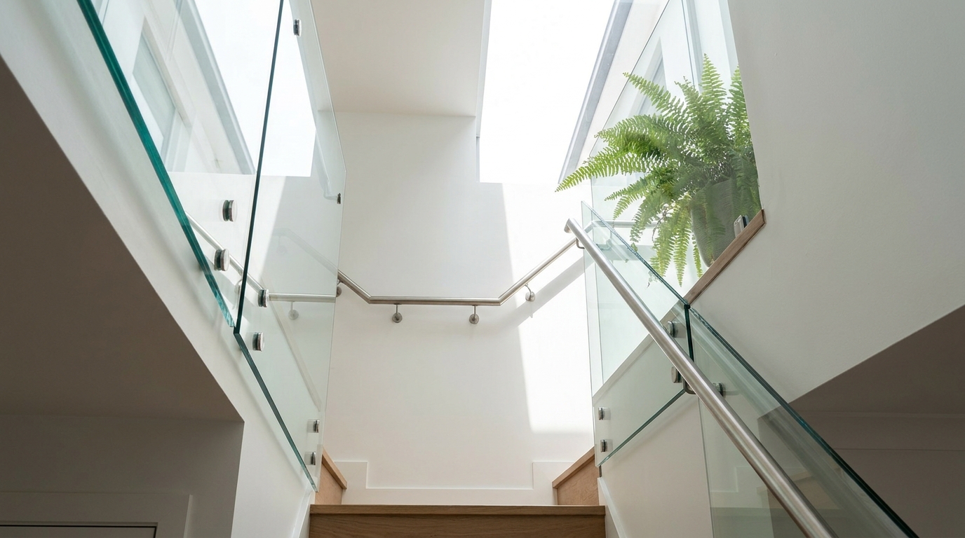 Glass balustrade staircase with a slim steel handrail, photographed from below looking up toward a bright landing.