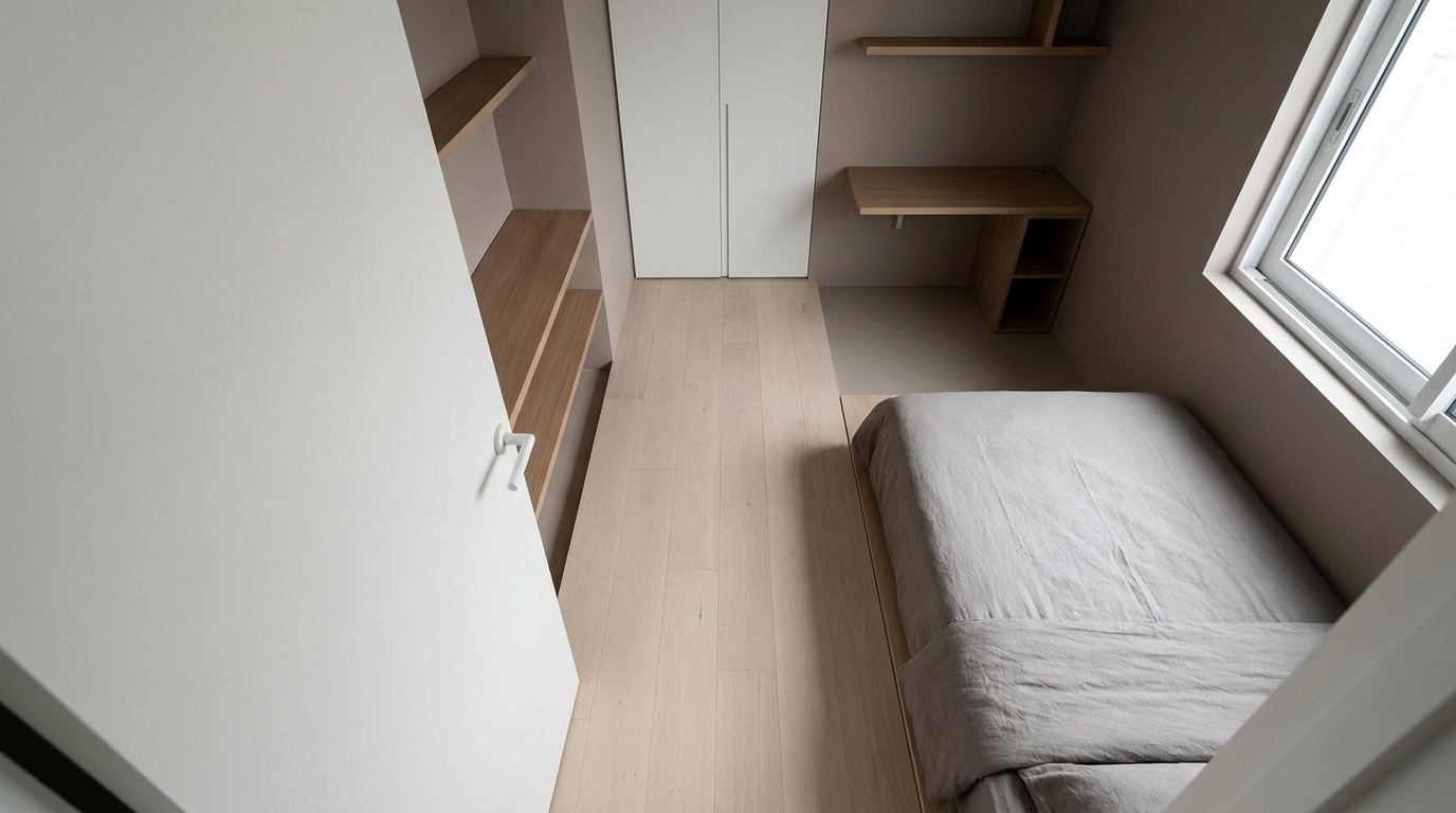 Elevated view of a small bedroom showing one clear, unobstructed walking path from door to bed