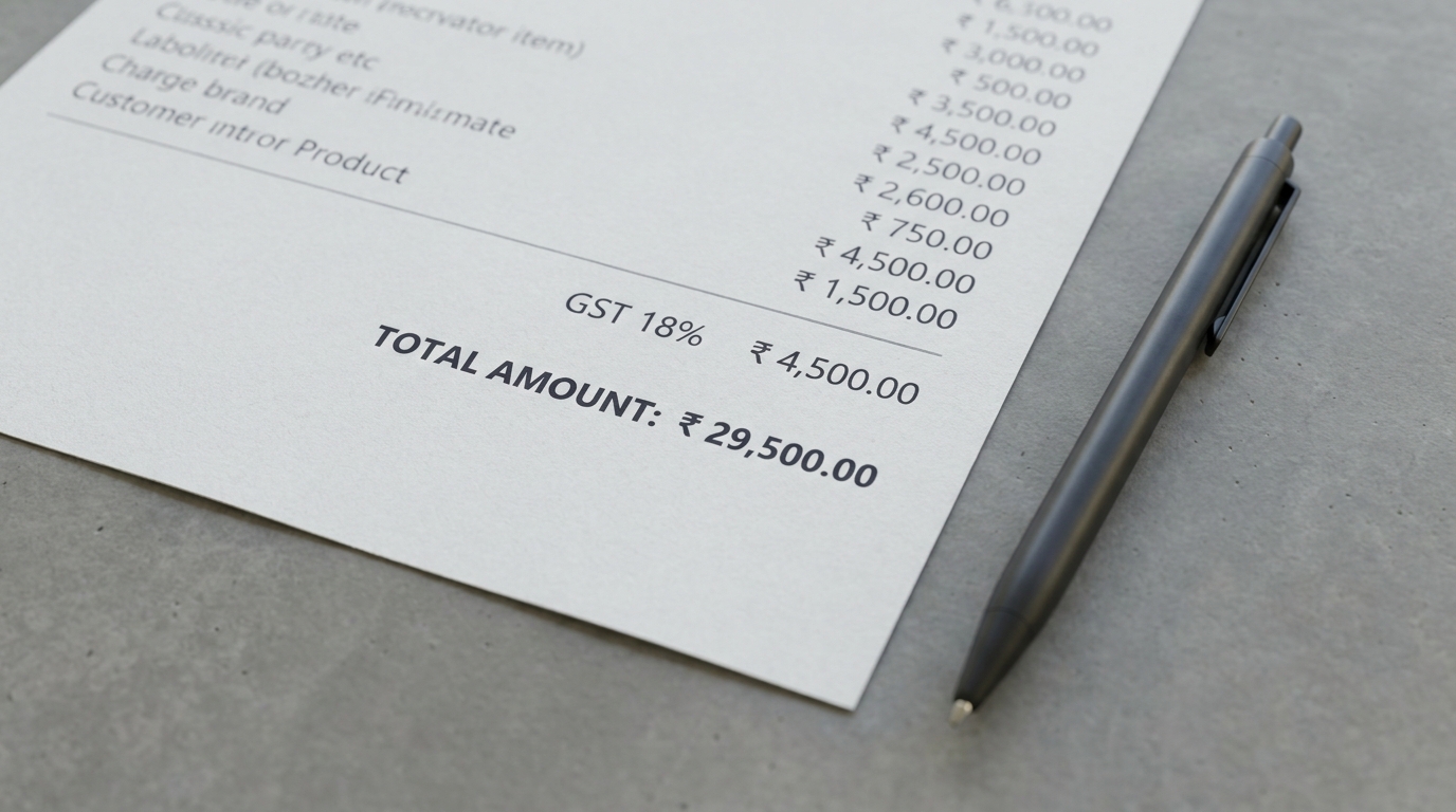 Close-up of a quote document showing a printed GST line item and total amount on a table.
