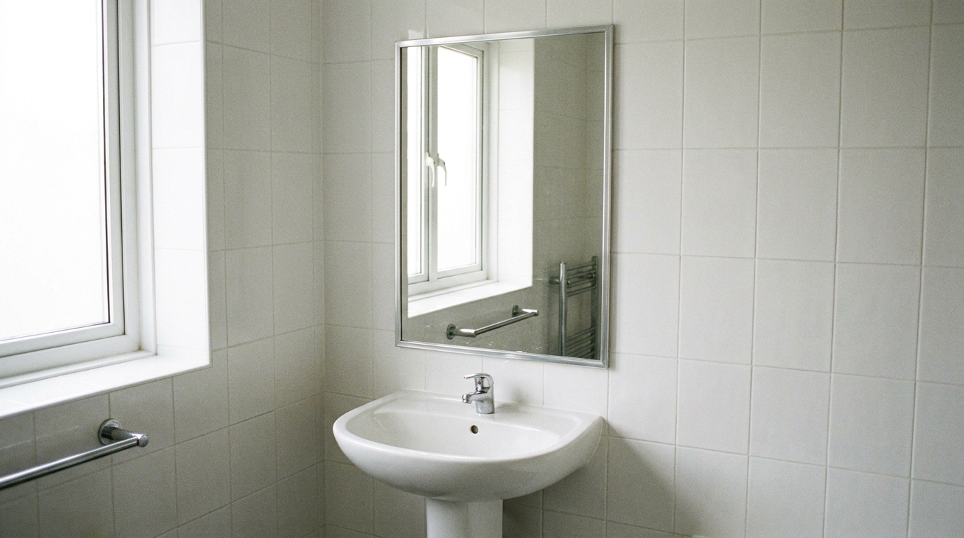 Plain rectangular mirror with a thin unremarkable frame mounted above a bathroom sink.