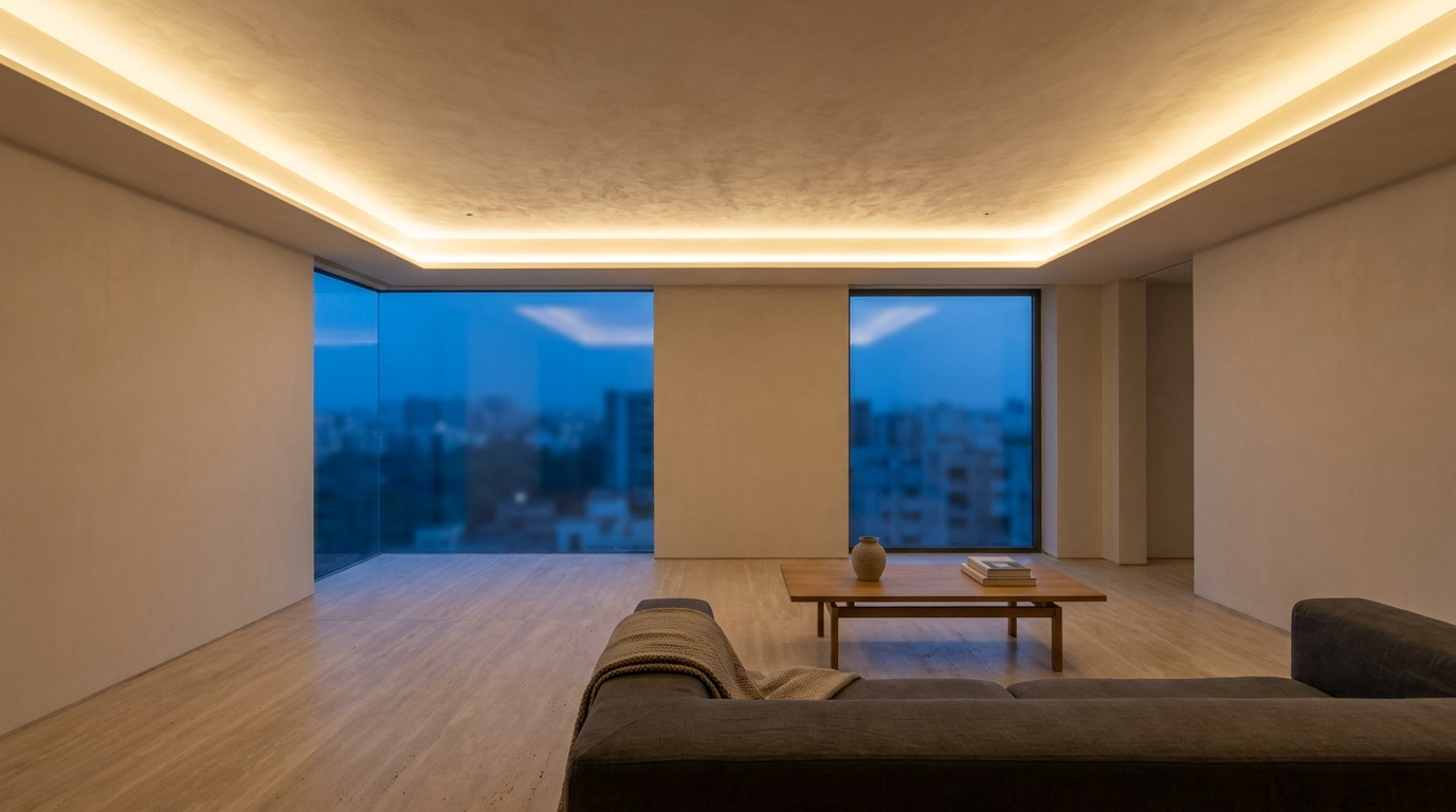 Warm white cove lighting in a false ceiling in an Indian apartment living room.