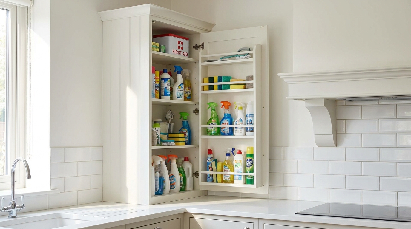 High kitchen cabinet holding cleaning supplies and a first-aid kit, well above a small child's reach.