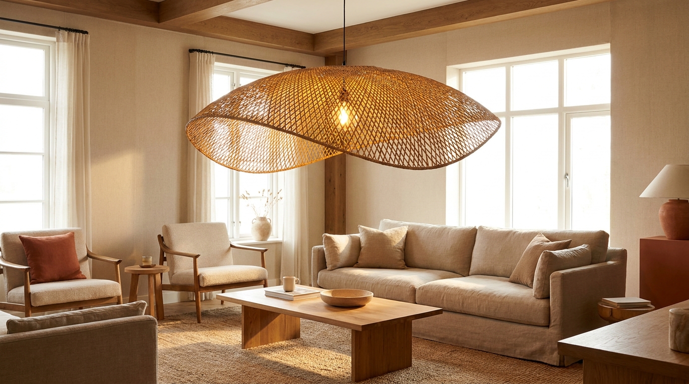 Large woven rattan pendant light hung above a living room seating area, glowing warmly.