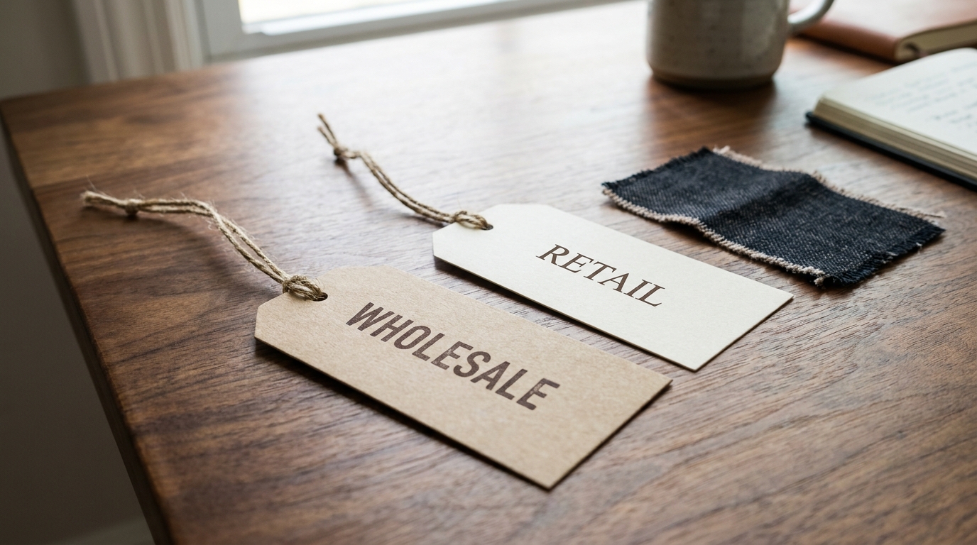  Two price tags labelled wholesale and retail placed beside a material sample on a wood table.