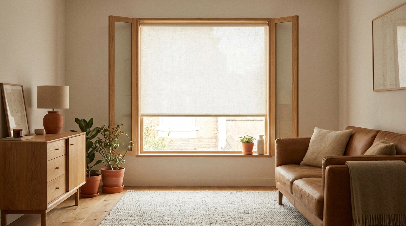 Window fitted with cordless roller blinds, with no hanging pull-cord.