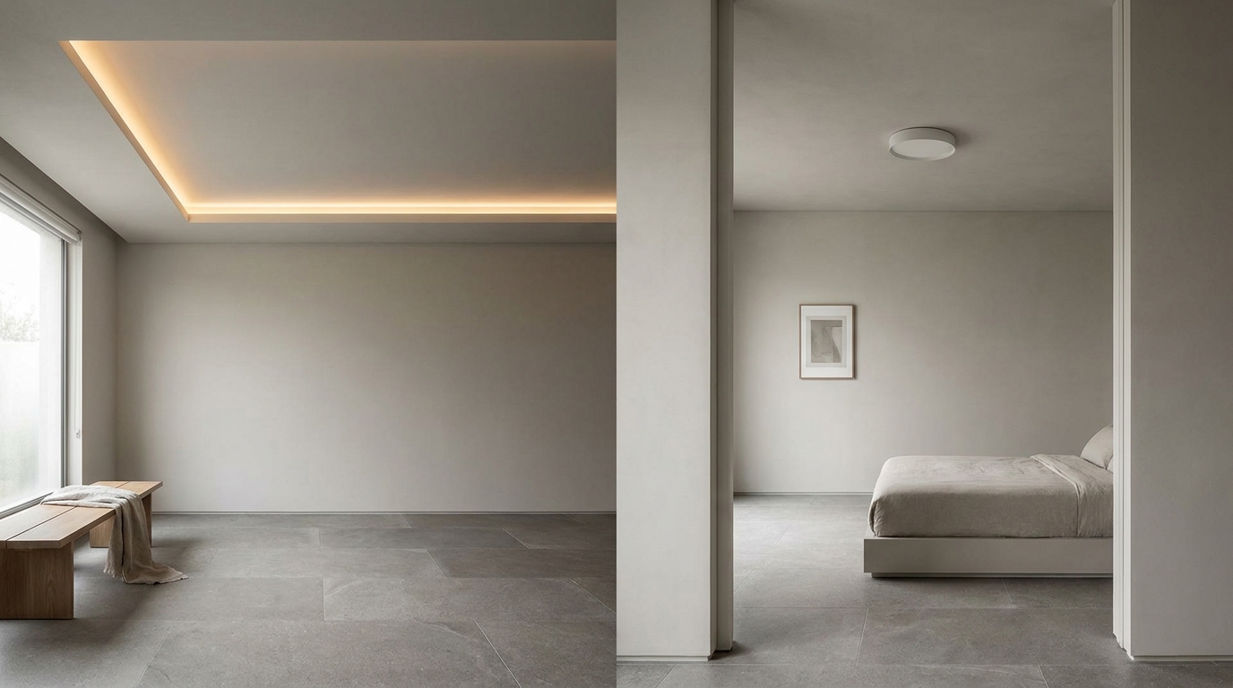 Split image comparing different false ceiling designs across two rooms in an Indian apartment.