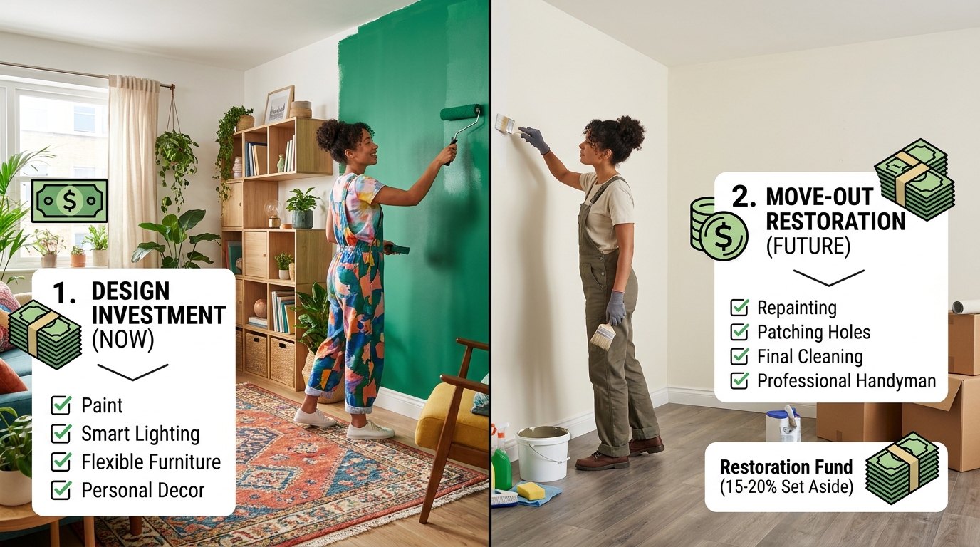 A vertical split-screen image contrasting a renter cheerfully painting a bold accent wall in a decorated apartment (now) with the same renter painting it back to white in an empty room (future), highlighting the separation between immediate design investment and necessary move-out restoration budgets.