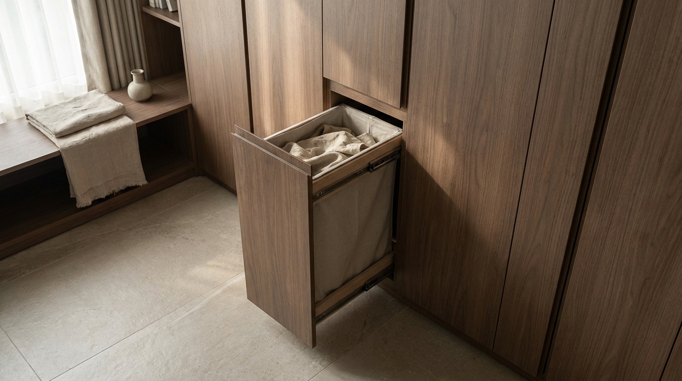 Pull-out laundry hamper built into a wardrobe, angled editorial shot.