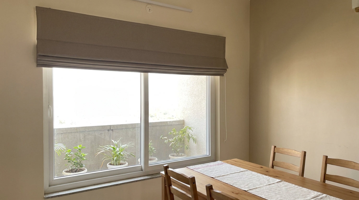Plain taupe fabric roman shade on an Indian apartment dining area window before renovation.