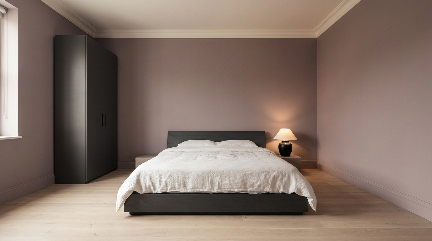 Indian apartment master bedroom with dusty mauve walls, a charcoal platform bed frame, white linen bedding, and warm white ceiling and trim