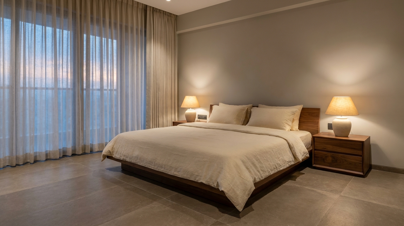 Master bedroom with layered bedside lamp lighting in an Indian apartment.