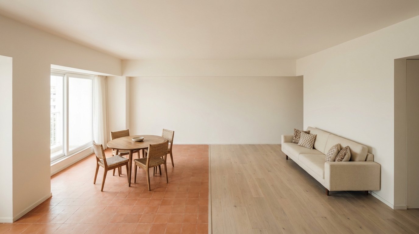 Open-plan Indian apartment with terracotta tile flooring in the dining zone transitioning to pale oak wood flooring in the living zone, all walls in continuous white