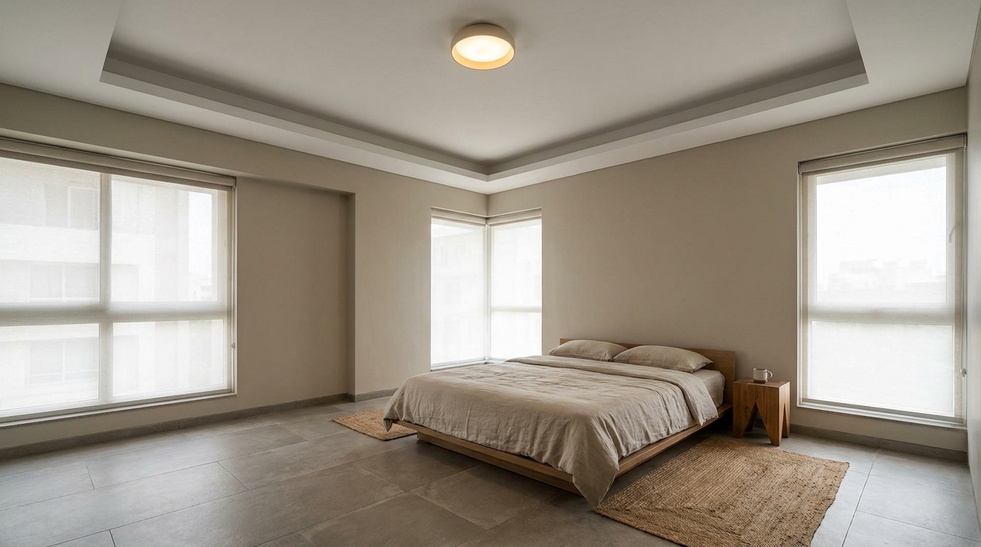 Perimeter-only false ceiling preserving room height in an Indian apartment bedroom.