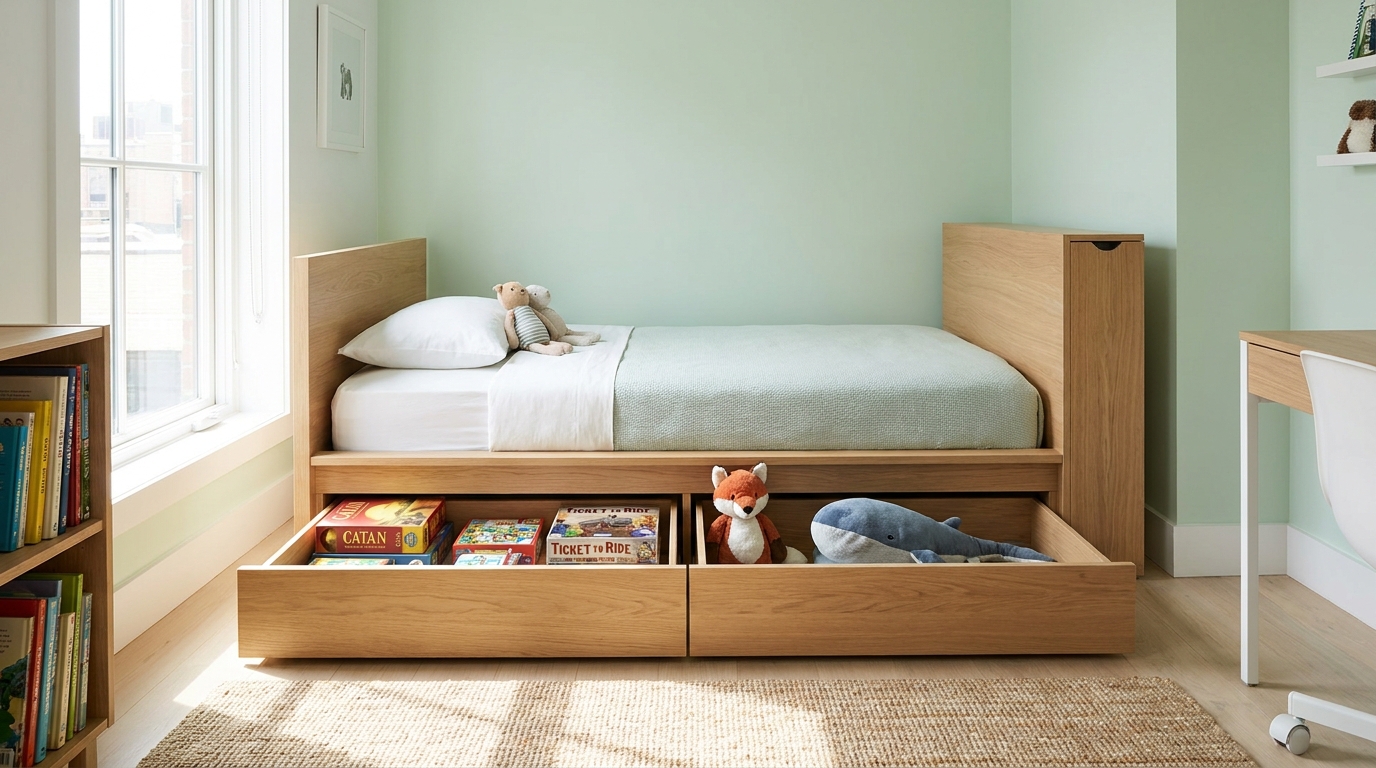 A single platform bed for a child's room made of light oak wood, featuring deep built-in drawers pulled out to show neatly organized board games and plush toys against a soft pastel green wall.