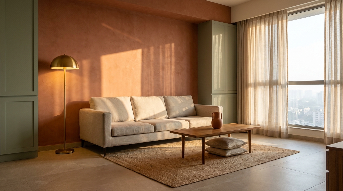 Modern Indian apartment living room with a terracotta limewash wall, sage green cabinet fronts, and a raw linen sofa on a natural jute rug
