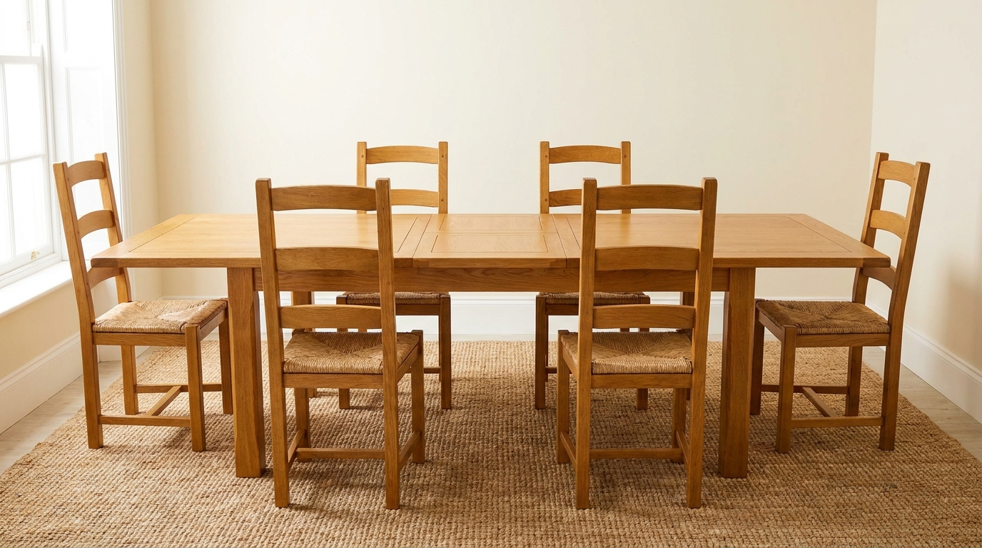 Wooden extendable dining table shown with one leaf pulled out and extra chairs nearby.