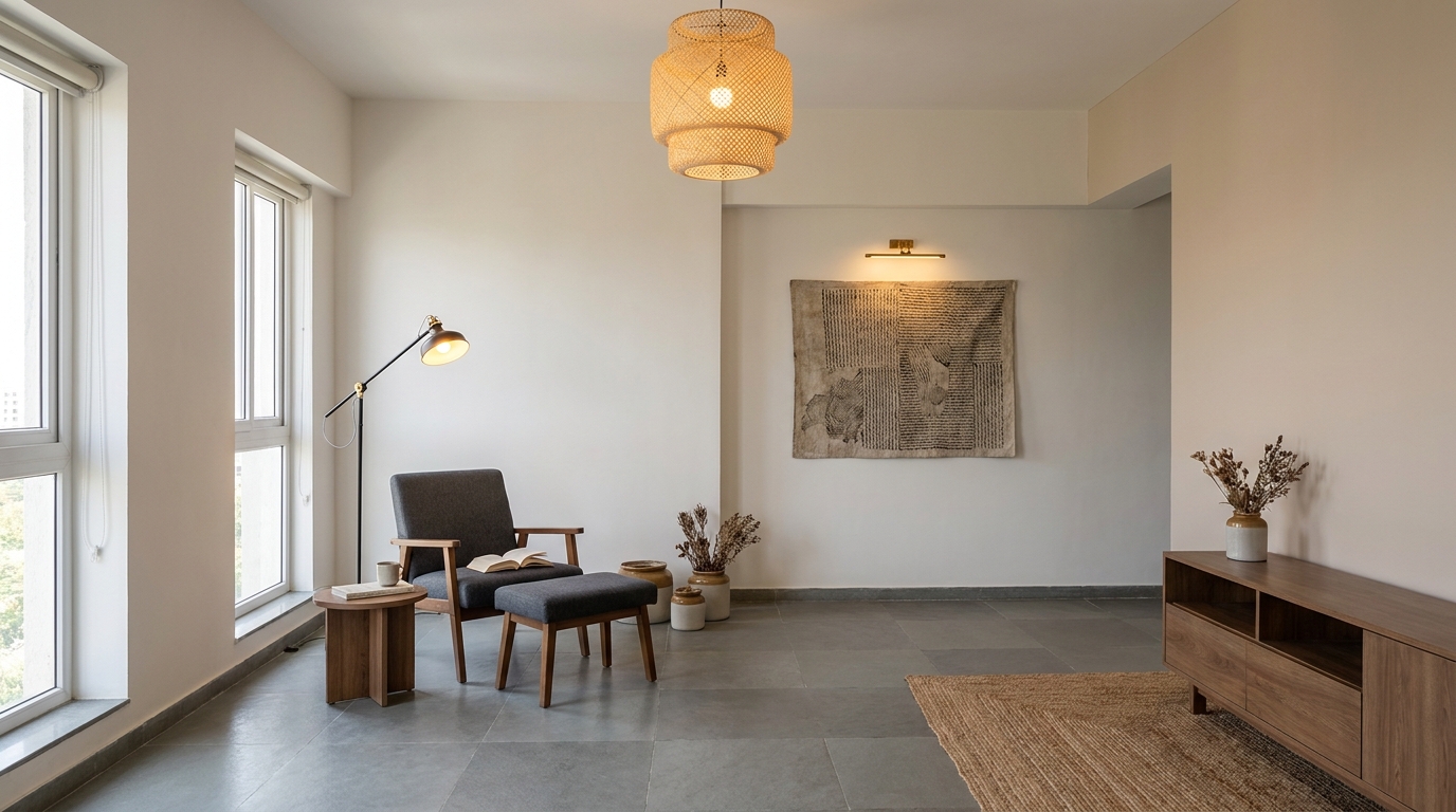 Living room showing ambient, task, and accent lighting types working together.