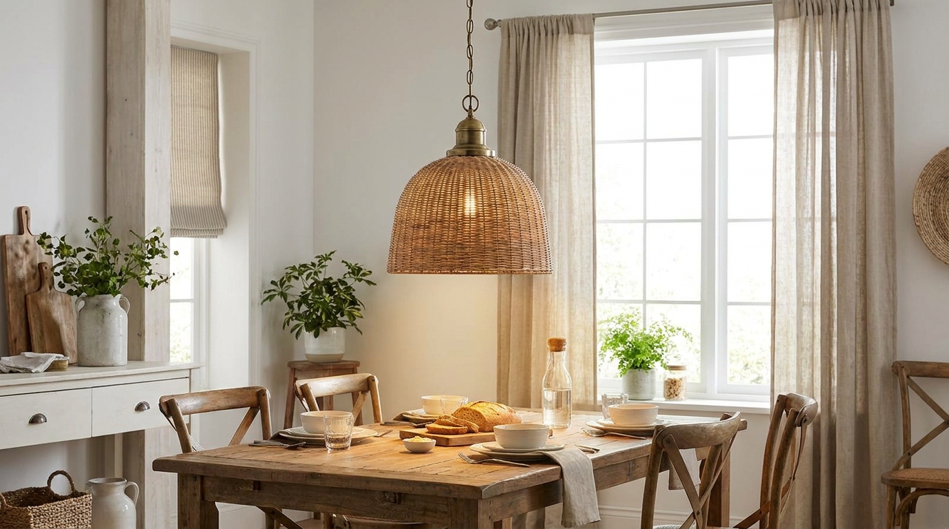 A rattan and brass pendant light hung low directly above a dining table, illuminating the tabletop.