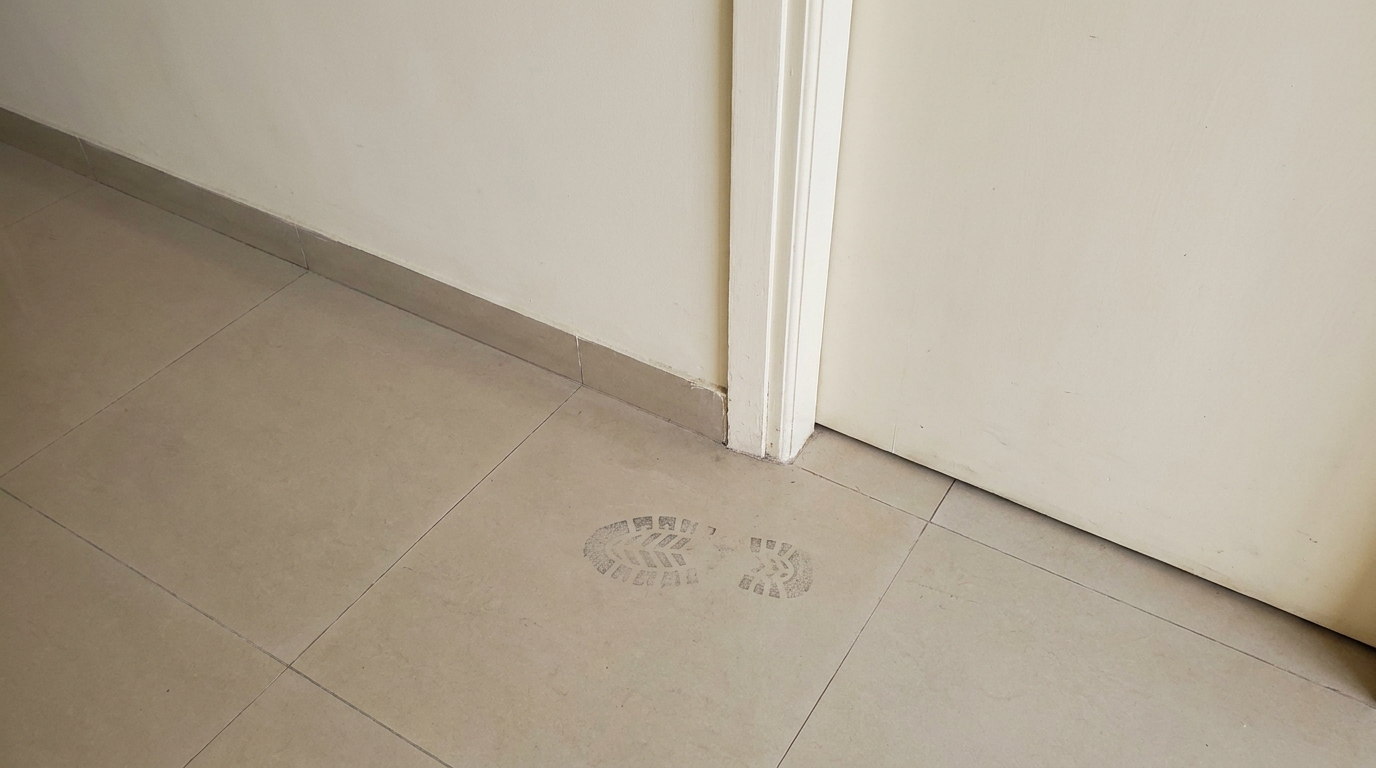 Bare stretch of floor beside an apartment door with no plant or decor.
