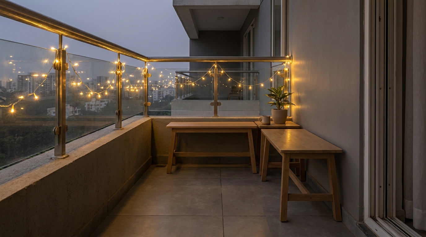 Balcony lit with warm string lighting at dusk in an Indian apartment.