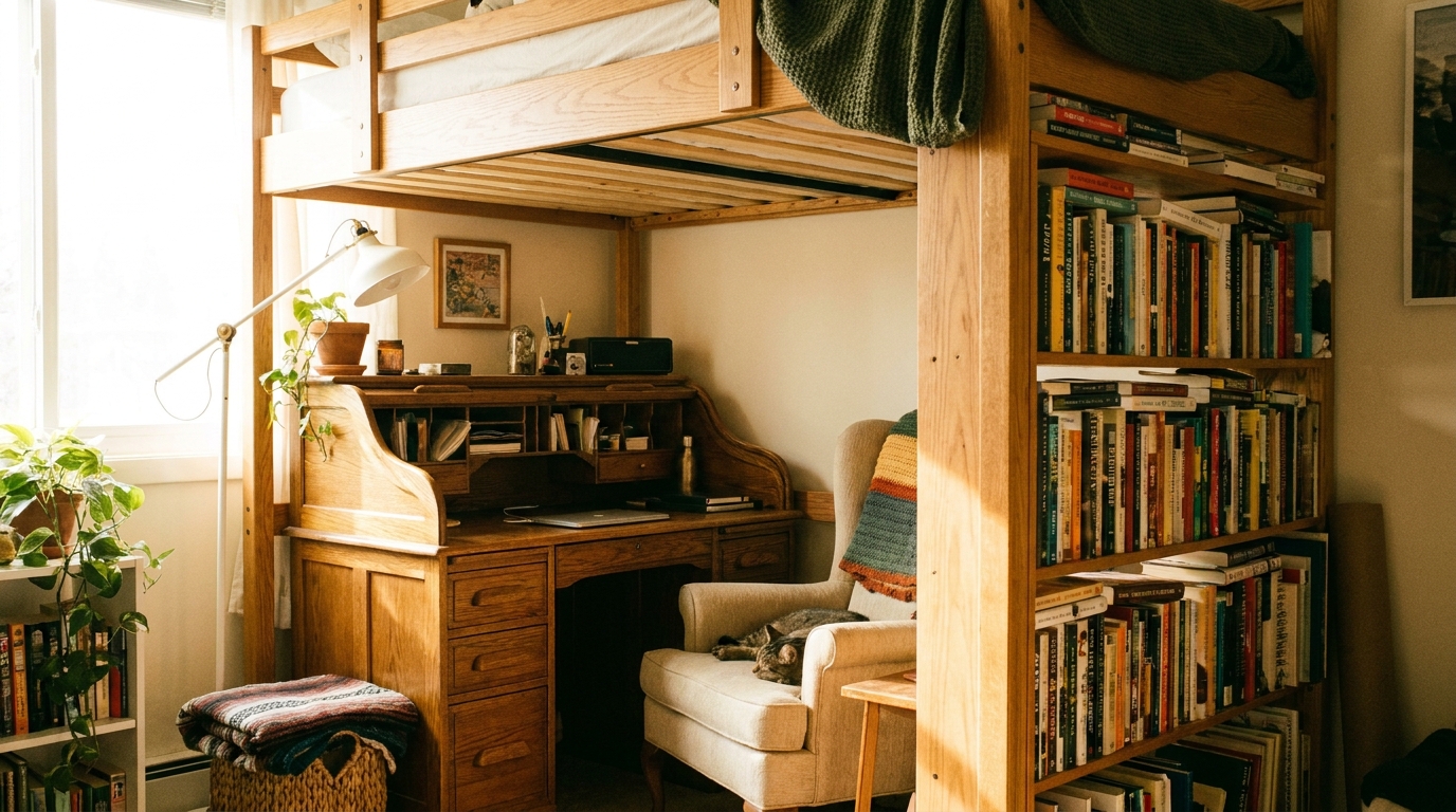 Small desk and chair fitted into the space underneath a loft bed, with a side shelf for books.