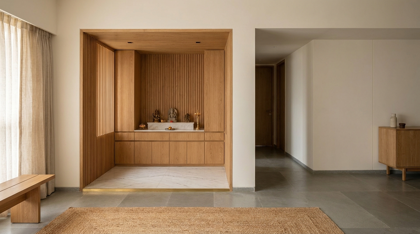 Pooja room with distinct marble flooring marking its boundary from the rest of the home.