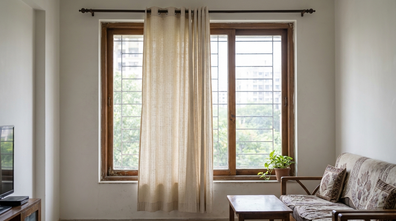 Single flat cream curtain panel on a basic rod in an Indian apartment living room before renovation.