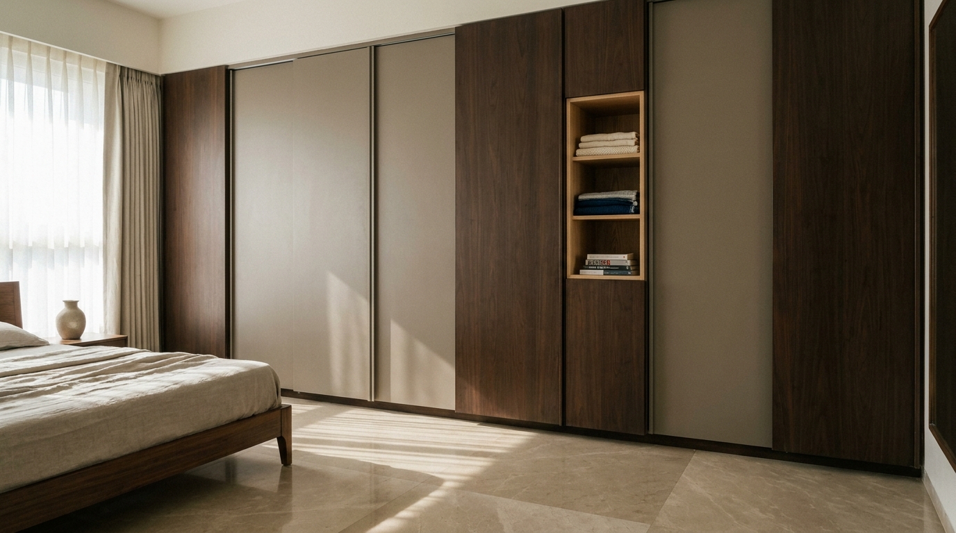 Wardrobe wall with small open display cubbies, angled editorial shot.