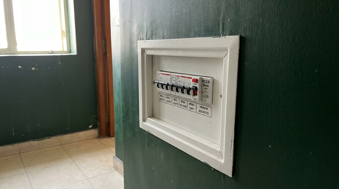 RCCB safety switch mounted in an electrical panel on a dry-zone wall in an Indian apartment bathroom, positioned away from the shower area.