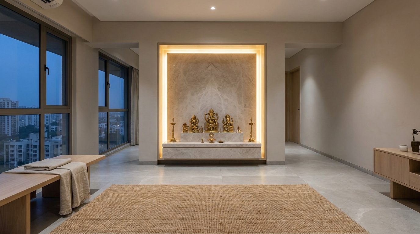 Backlit marble mandir with warm LED glow in an Indian apartment.
