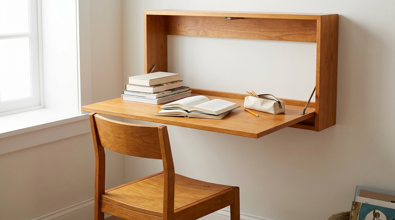 Wall-mounted fold-down desk in the open position with a chair underneath and books on the surface.