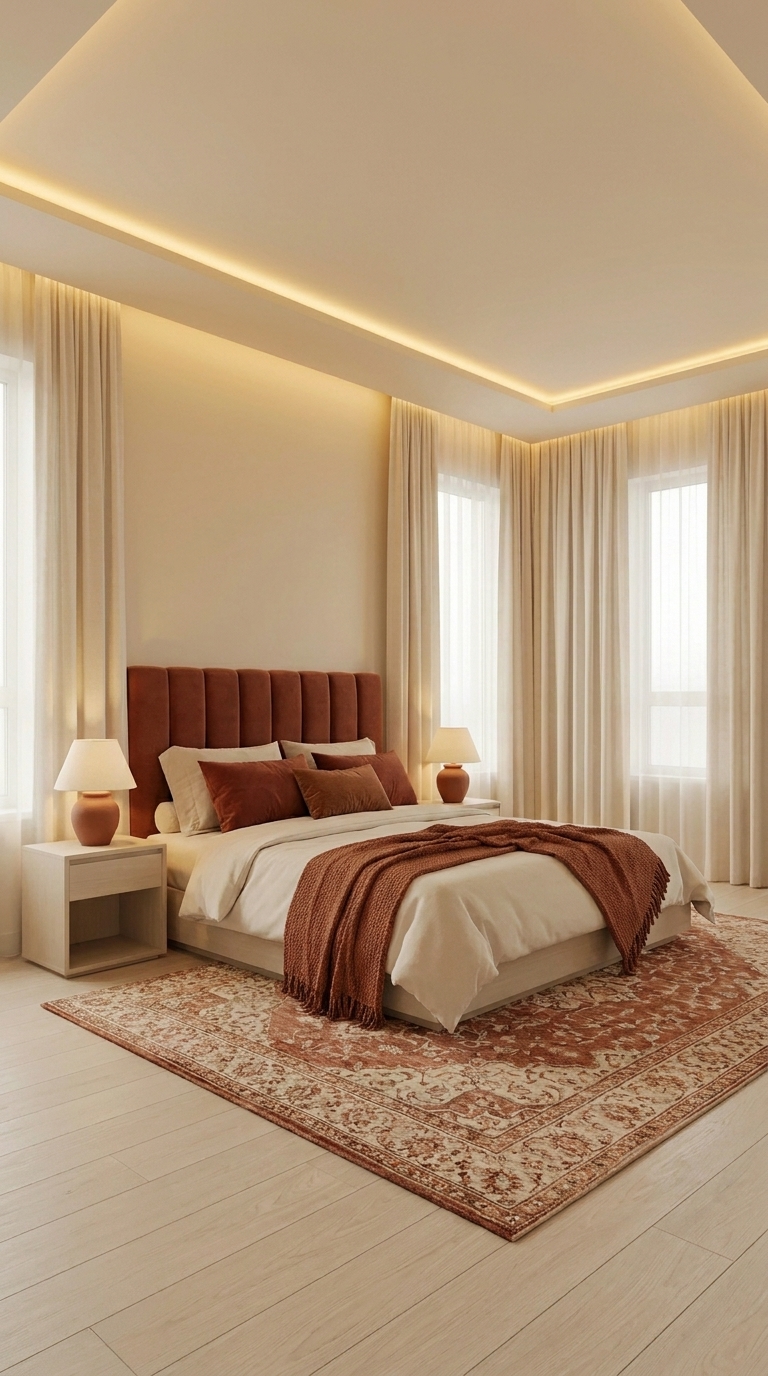 Cream bedding with terracotta cushions and a rust-toned throw.