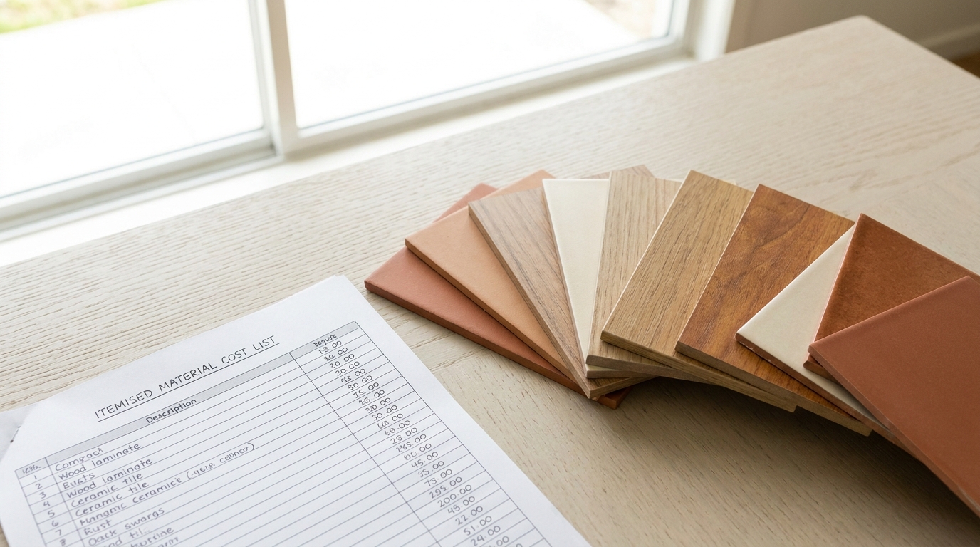 Itemised material cost list beside a fanned selection of laminate and tile swatches on a table.