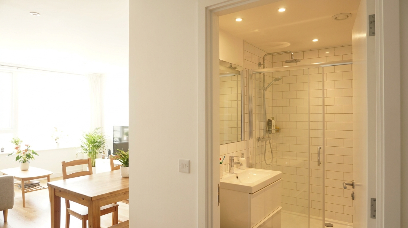 Bathroom positioned along an interior wall, away from the home's brightest north-east-facing corner.