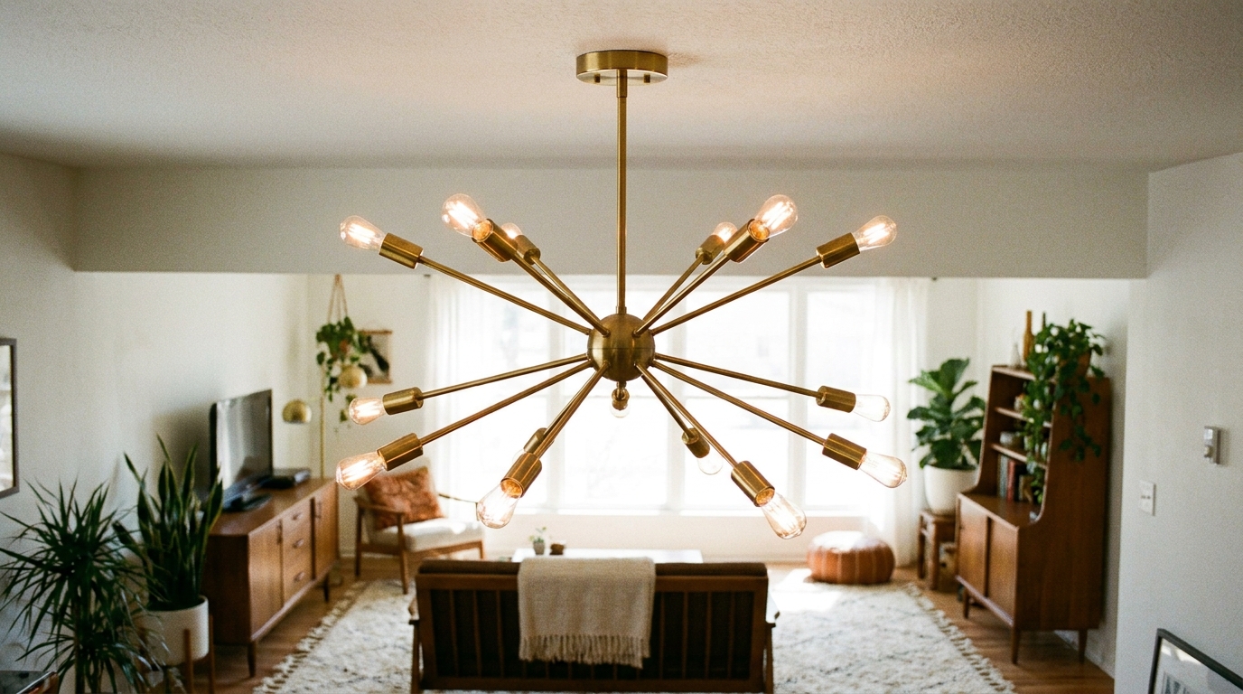Multi-arm sputnik-style light fixture with slim brass arms radiating outward, each tipped with a small bulb.