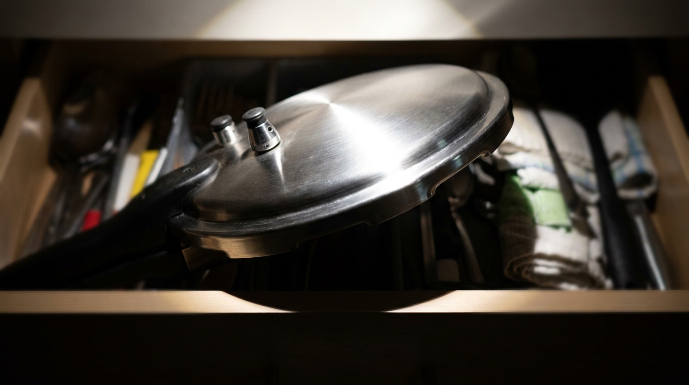 A large pressure cooker lid protruding from an open kitchen drawer, perfectly capturing the frustration of standard-depth cabinetry that can't accommodate bulky Indian cookware.