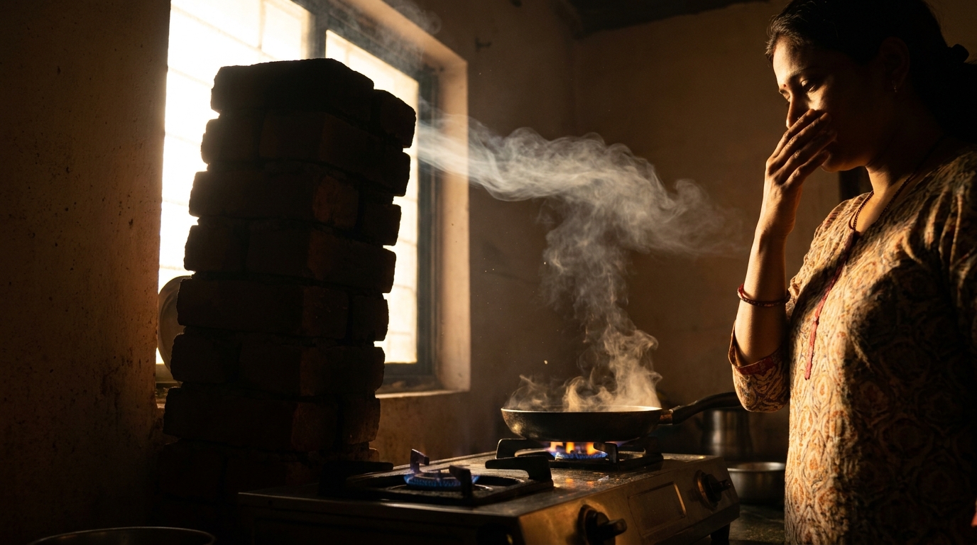 A woman struggling with heavy smoke and poor ventilation while cooking on a gas stove in a traditional kitchen setup.