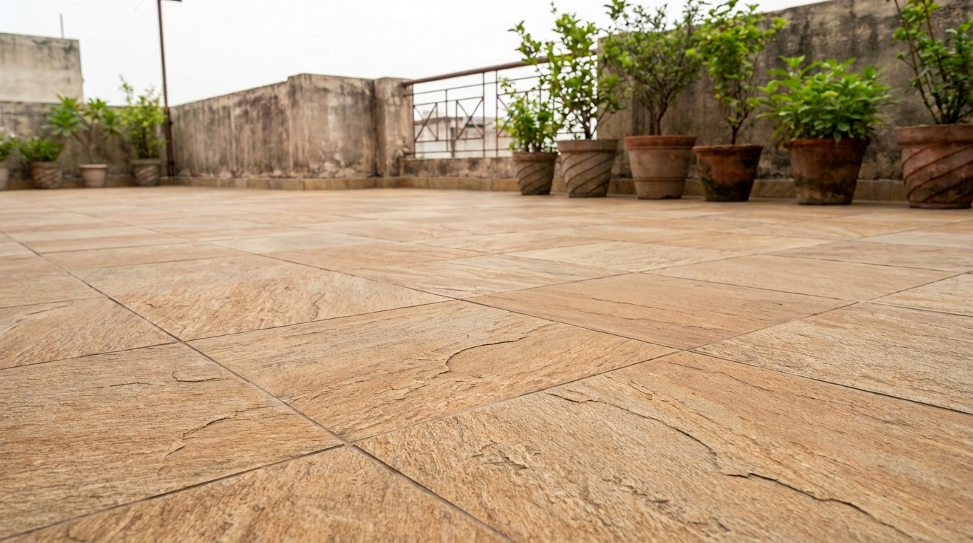 Natural stone-look porcelain tile flooring in warm sandstone finish on a renovated Indian apartment terrace.