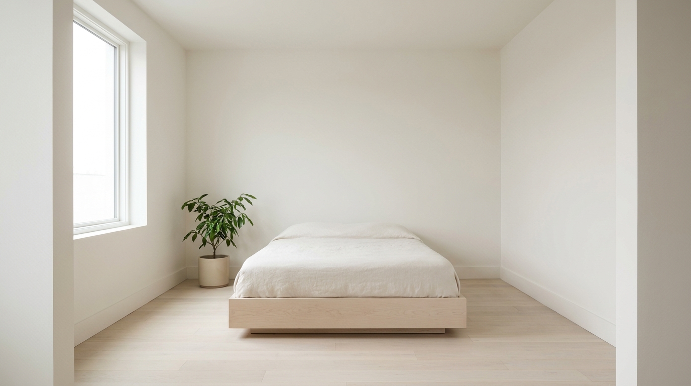 Small bedroom with walls, ceiling, and skirting painted the same soft warm-white tone to eliminate visual boundaries