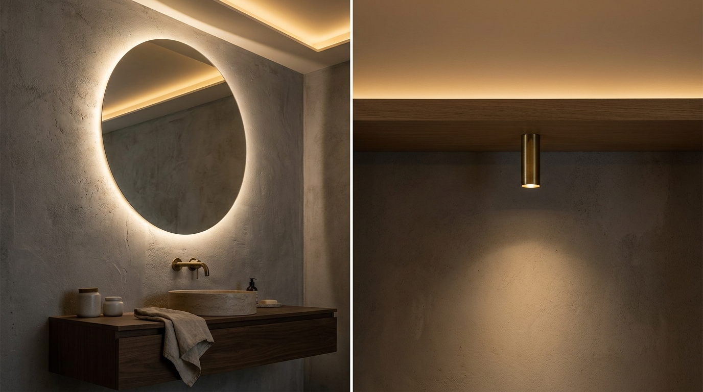 A luxurious bathroom vanity area illuminated by soft layered lighting, including a warm LED backlit circular mirror and ambient ceiling cove lights with no harsh overhead glare.