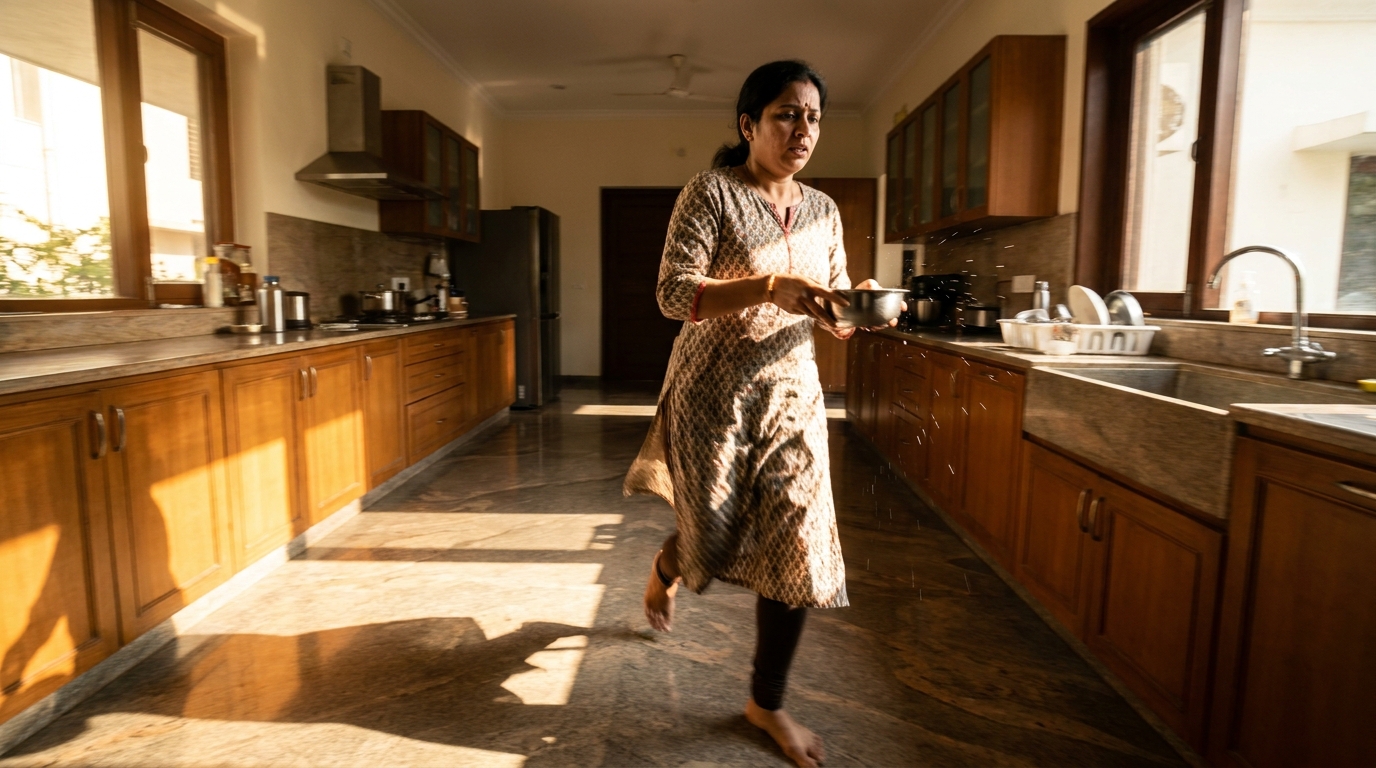A woman rushing barefoot between distant countertops in a spacious kitchen, perfectly illustrating the functional breakdown of a poorly planned kitchen workflow layout.