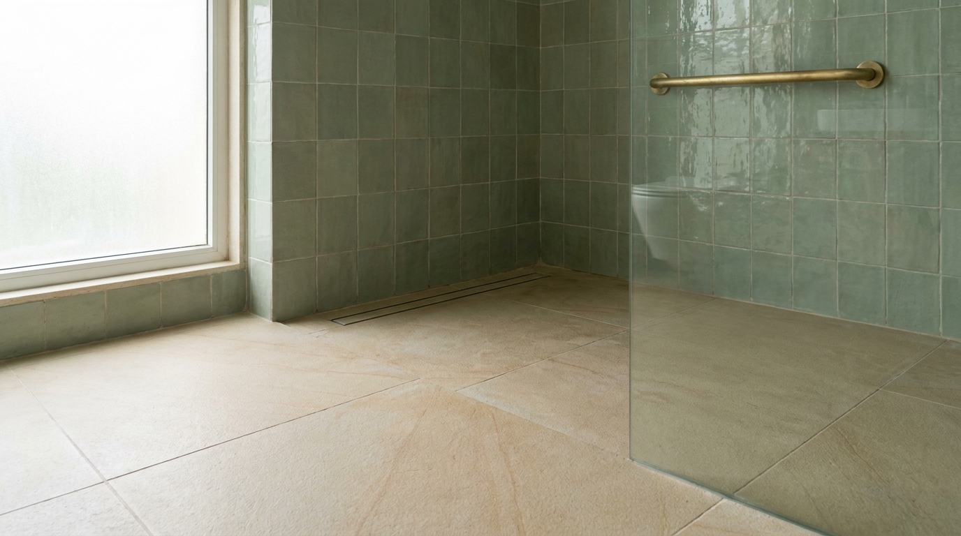 Threshold-free shower entry with a linear drain and a discreet matte black grab bar in an Indian apartment bathroom.