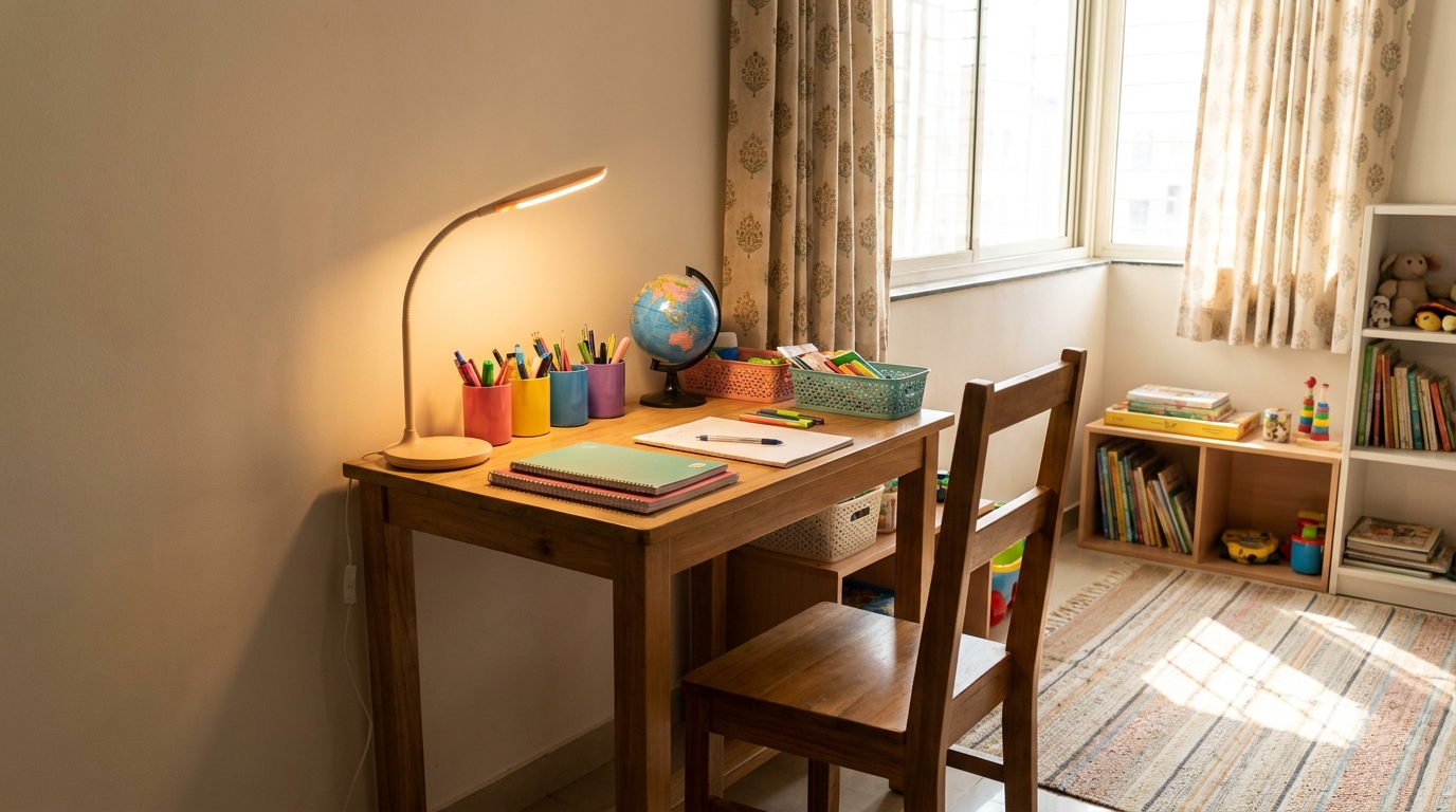 Compact study desk with a task lamp positioned near a window in an Indian apartment kids' room.