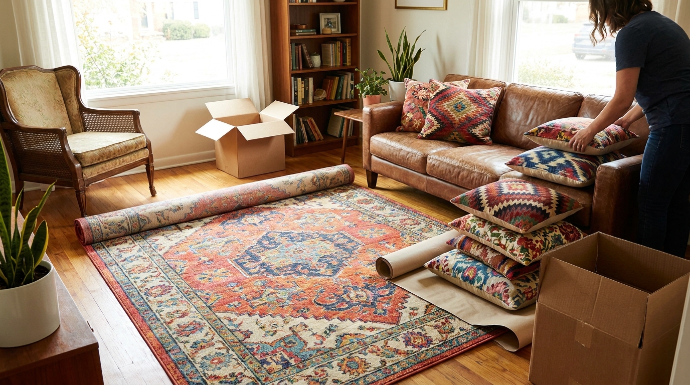 Living room mid-refresh, with new cushions and a rug being added to an existing sofa and layout.