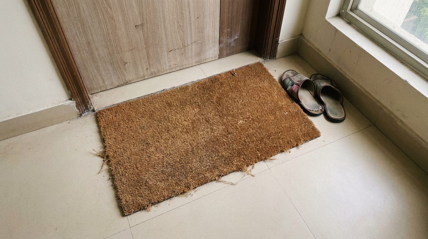 Thin, faded coir doormat with fraying edges in front of an apartment door.