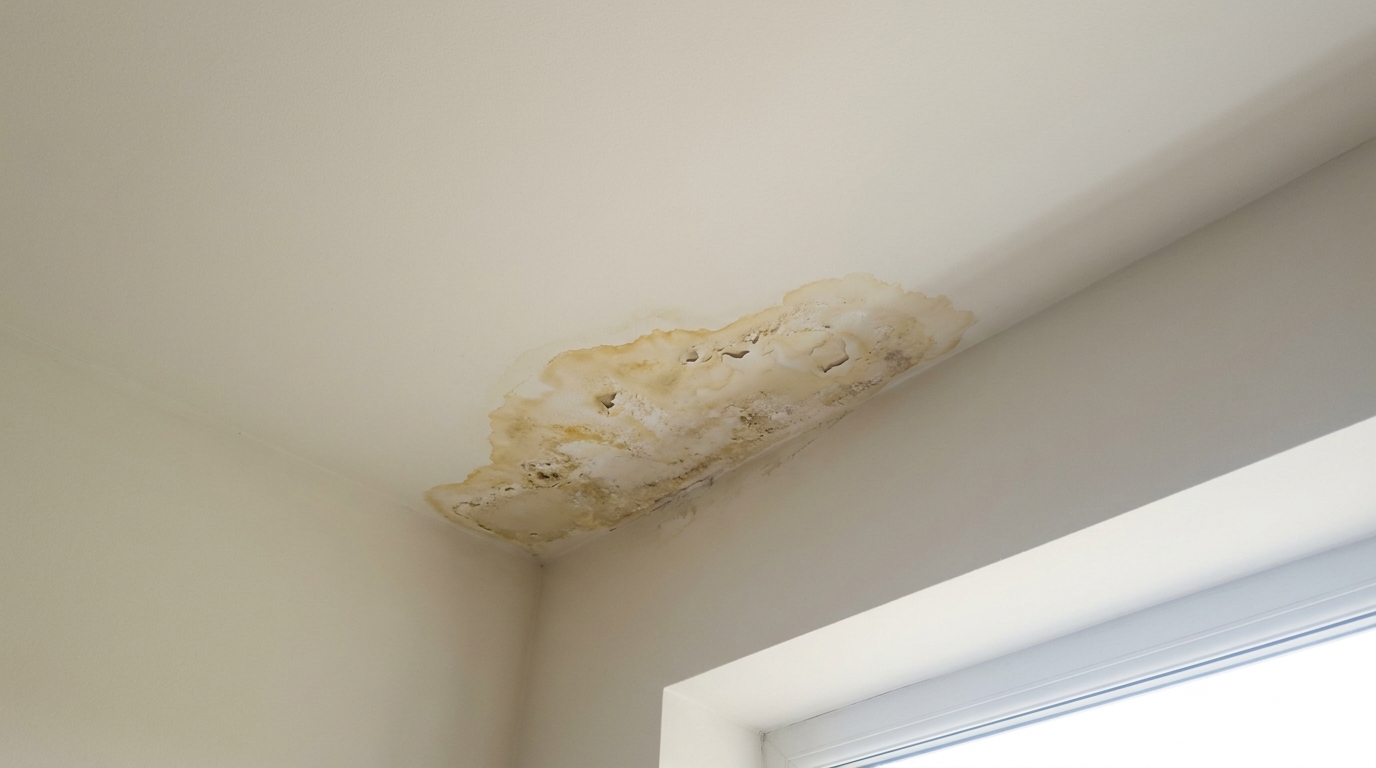 Ceiling corner showing a water-damage stain with slight paint bubbling.